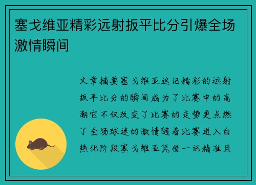 塞戈维亚精彩远射扳平比分引爆全场激情瞬间