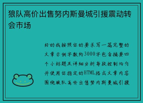 狼队高价出售努内斯曼城引援震动转会市场